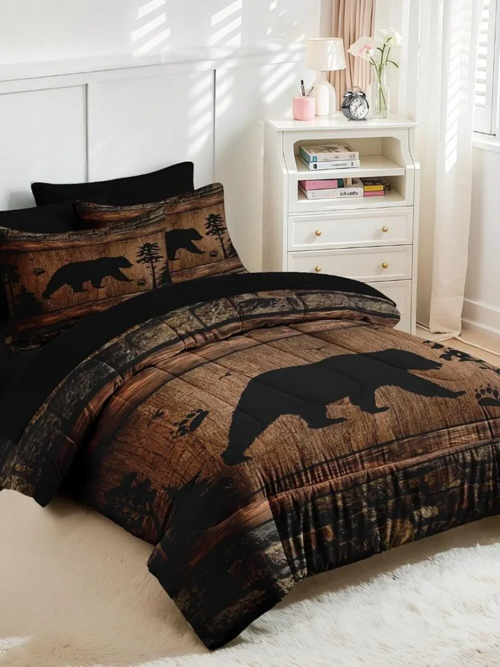 7 Pcs Comforter Set Queen Size, Wild Animal Brown Wooden Plank Bedding Set for K